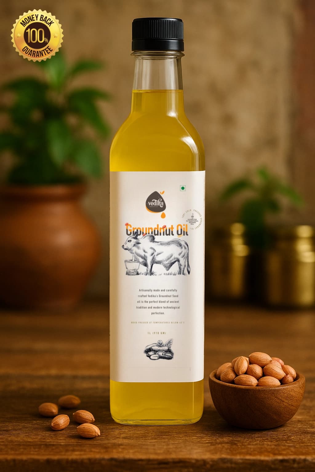 Vedika Organics Wood Pressed Groundnut Oil for Healthy & Sattvik Cooking · Rich in Vitamin‑E (1_litre)