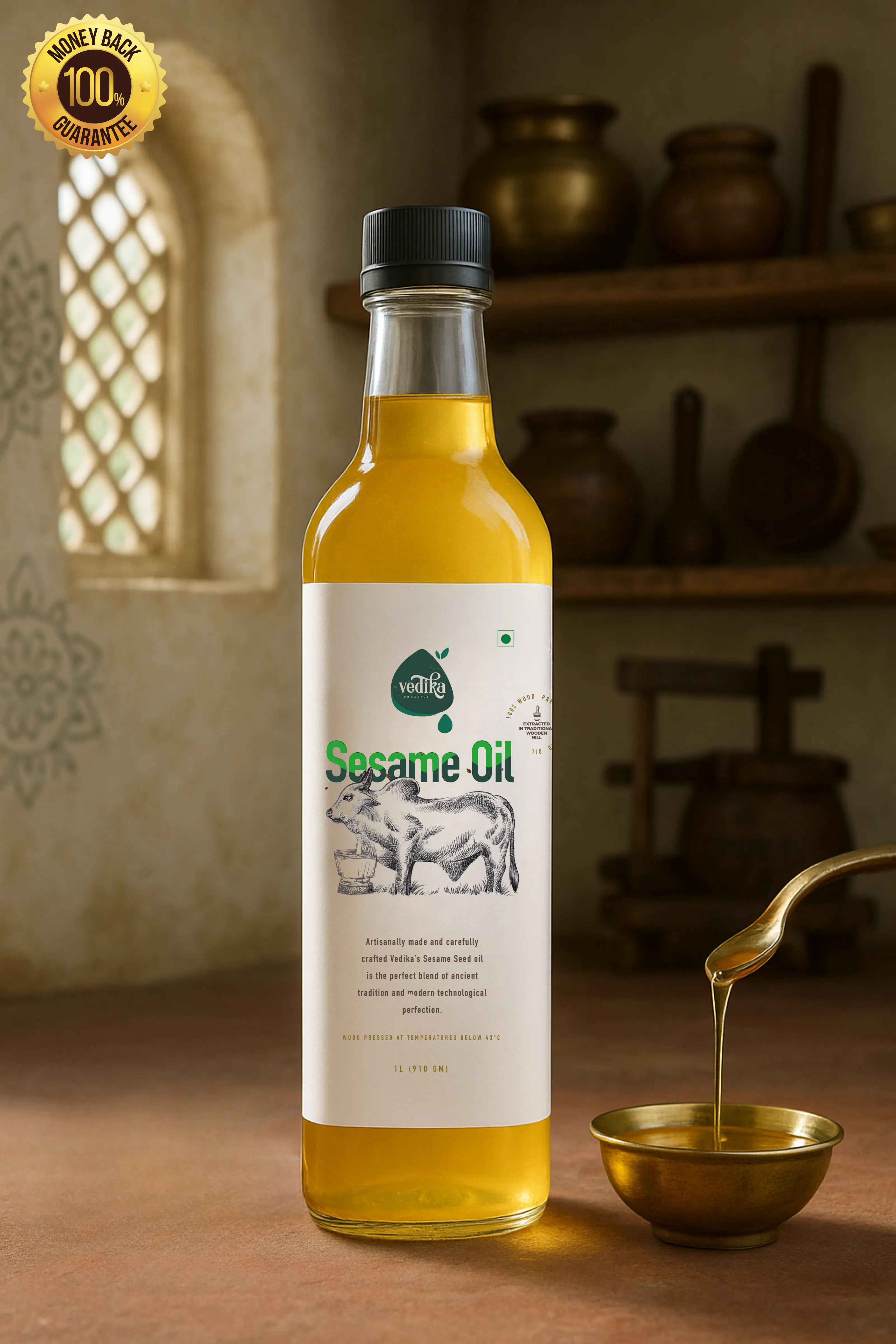 Vedika Organics Wood Pressed Sesame Oil for Cooking, Ayurvedic Rituals, Oil Pulling, Skin & Hair · Rich in Antioxidants (1_litre)